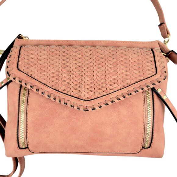 Versatile Blush Brown Braided Crossbody Purse Multi-Pocket Design Striped Lining - Picture 4 of 12